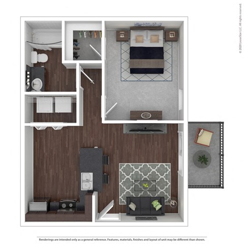 A floor plan of a small apartment with a kitchen, living room, and bathroom.