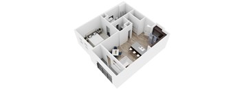 A white 3D model of a house with multiple rooms.