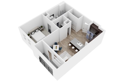 A white 3D model of a house with multiple rooms.