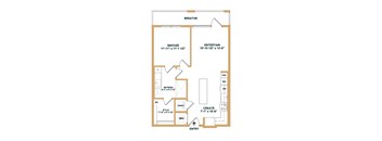 A floor plan of a house with a bedroom, bathroom, and living room.