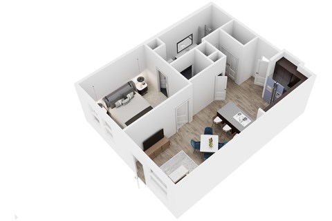 A white 3D model of a house with various rooms and furniture.