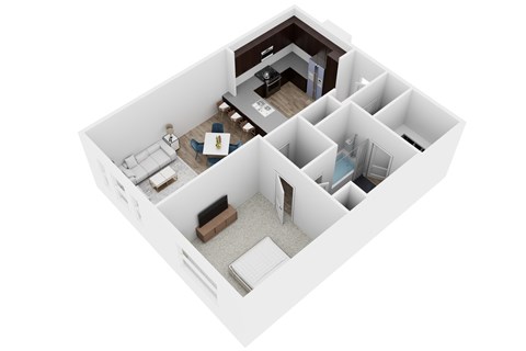 A white 3D floor plan of a house with a kitchen, living room, and bedrooms.