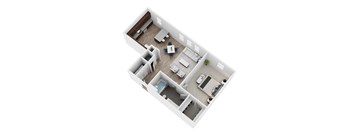 A top down view of a house layout with a kitchen, living room, and two bedrooms.