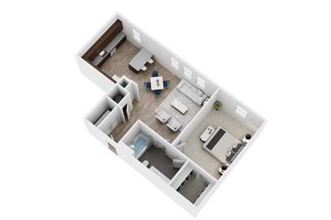 A top down view of a house layout with a kitchen, living room, and two bedrooms.