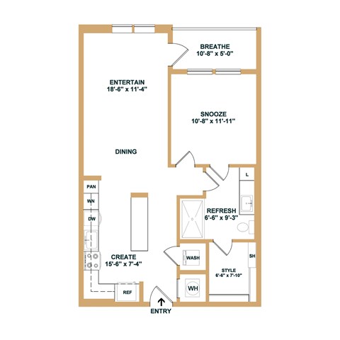 A floor plan of a room with labeled sections such as "BREATHE", "ENTERTAIN", and "DINING".