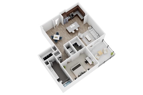 A 3D floor plan of a house with a kitchen, living room, and two bedrooms.