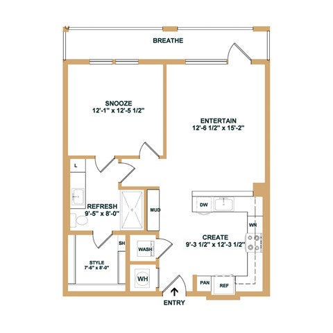 A floor plan of a house with labeled rooms such as "BREATHE", "ENTERTAIN", and "REFRESH".