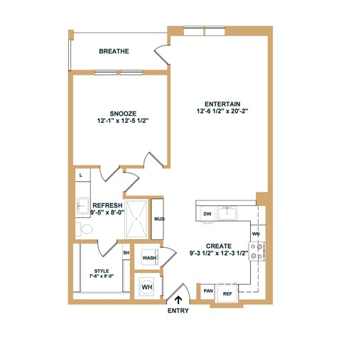 A floor plan of a house with labeled rooms such as "BREATHE", "ENTERTAIN", and "REFRESH".
