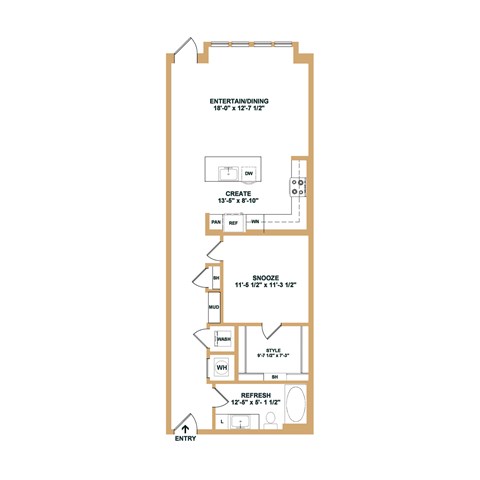 A floor plan of a room with an entertaining area and a bathroom.