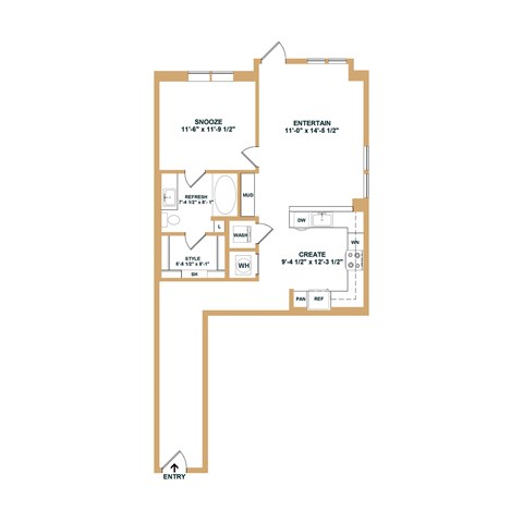 A floor plan of a house with a Snooze room, an Entertainment room, a Dining room, a Laundry room, a Create room, and an Entry point.