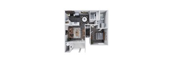 A top down view of a modern apartment with a kitchen, living room, and bathroom.