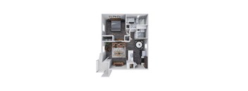 A 3D floor plan of a house with a kitchen, living room, and bathroom.