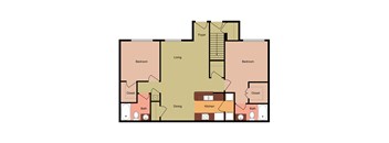 A floor plan of a house with two bedrooms, a living room, a dining room, a kitchen, a bathroom, and a foyer.