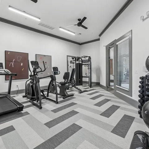 A spacious gym with a variety of equipment including treadmills, elliptical machines, and weights.