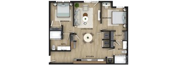 A floor plan of a house with a living room, kitchen, two bedrooms, two bathrooms, and a closet.