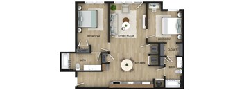 A floor plan of a house with two bedrooms, a living room, a kitchen, a bath, a closet, and a mech.