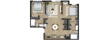 A floor plan of a house with a kitchen, living room, and two bedrooms.