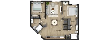 A floor plan of a house with a living room, kitchen, two bedrooms, two bathrooms, and a coat closet.