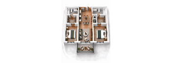 A top-down view of a house layout with a kitchen, living room, dining room, and bathrooms.