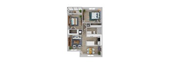 a 3d rendering of the 1 bedroom floor plan with roommates and furnishings