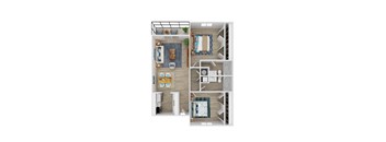 a stylized floor plan with a bedroom and a living room