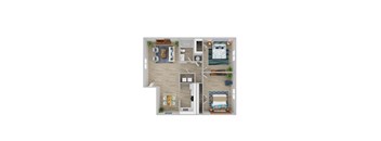 a stylized floor plan with a bedroom and living room