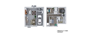 A 3 bedroom, 2 1/2 bathroom apartment is 1,332 square feet.