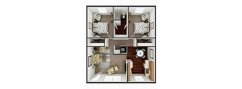 A 3D floor plan of a house showing a living room, kitchen, and two bedrooms.