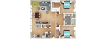 A 3D rendered image of a small apartment layout.
