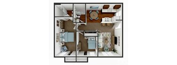 A top-down view of a small apartment layout with a kitchen, living room, and bathroom.