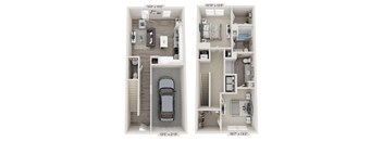 a floor plan of two apartments with a car in the garage and a staircase leading up to