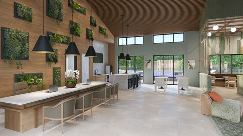 A modern office space with wooden walls and a long table with chairs.