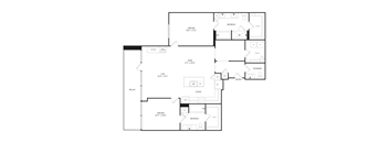 A floor plan of a house with a kitchen, living room, and two bedrooms.