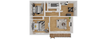 a 3d rendering of a bedroom with a living room and a dining room