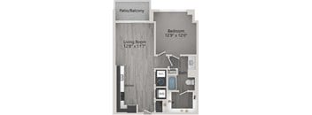 A floor plan of a home with a living room, kitchen, patio, and two bedrooms.