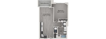 A floor plan of a small apartment with a living room, bedroom, bathroom, and a patio/balcony.