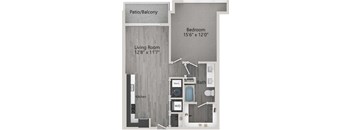 A floor plan of a small apartment with a living room, kitchen, patio, and bathroom.