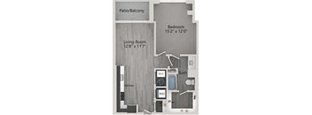 A floor plan of a home with a patio, living room, kitchen, bedroom, bathroom, and a workspace.