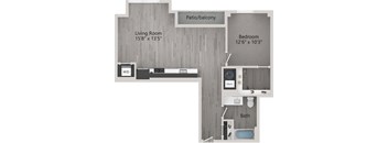 A floor plan of a small apartment with a living room, bedroom, and bathroom.