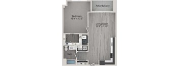 A floor plan of a small apartment with a bedroom, living room, bathroom, and patio/balcony.