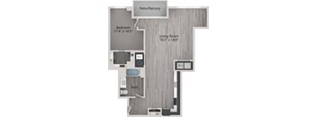 A floor plan of a home with a living room, bedroom, bathroom, and patio/balcony.