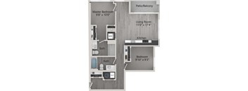 A floor plan of a small apartment with a master bedroom, living room, kitchen, and two bathrooms.