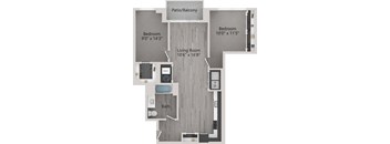 A floor plan of a home with a living room, two bedrooms, a bathroom, and a patio/balcony.