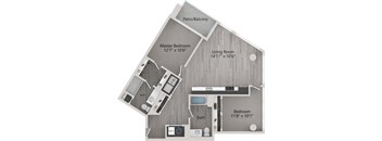 A diagram of a house layout with a master bedroom, living room, and bathroom.
