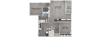 A diagram shows the layout of a home with a master bedroom, living room, patio, and two bathrooms.