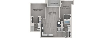 A floor plan of a home with a master bedroom, living room, and bathrooms.