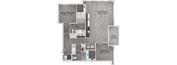 A floor plan of a home showing a master bedroom, living room, patio/balcony, and two bathrooms.