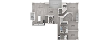 A floor plan of a house with a living room, kitchen, dining room, two bedrooms, a bathroom, and a patio.