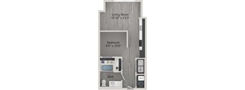 A diagram of a small apartment with a living room, bedroom, and bathroom.