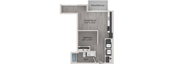 A floor plan of a small apartment with a living room, bedroom, bathroom, and patio.